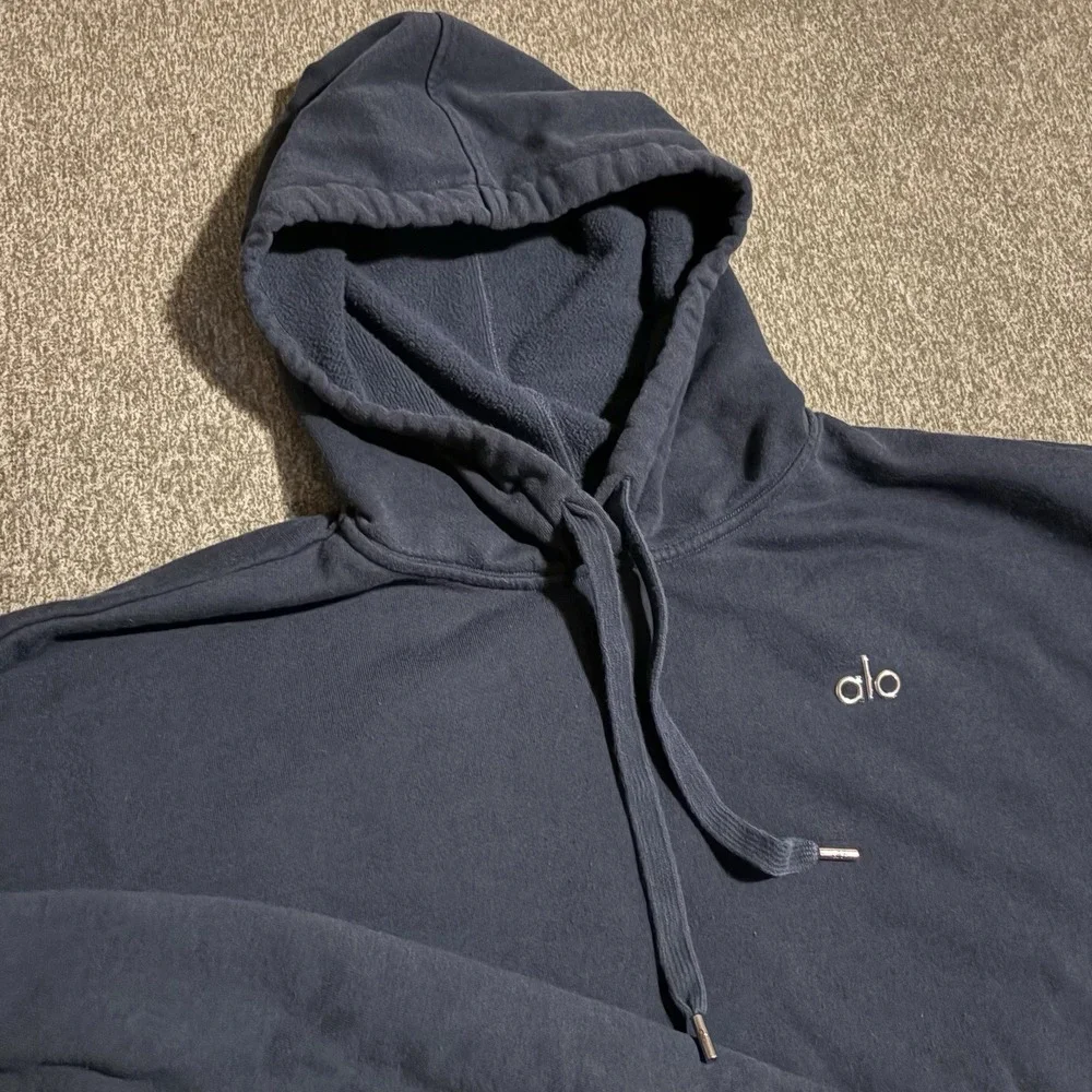 Alo Yoga Accolade Hoodie Blue Chrome Logo Relaxed Fit Sweatshirt Womens 2XL